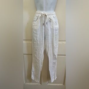 THE PORTER COLLECTIVE White Linen High Rise Slim Pants w/ Sequin Tuxedo Stripe S